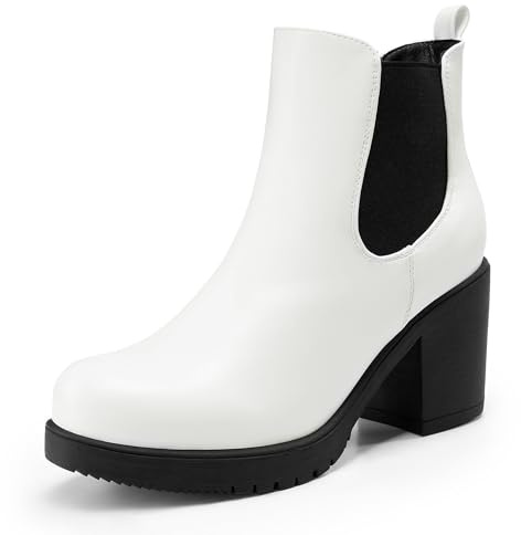 DREAM PAIRS Women's High Heel Suede Chelsea Boots,White/Black,7.5