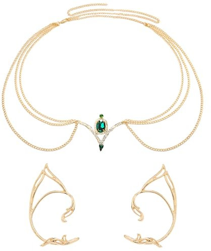 HIFOT 2Pcs Boho Kopfkette Schmuck Damen Mädchen, Elfen Kopfschmuck Grüner Kristall Kette Elfen Ohren Gold Haarschmuck Festival Accessoires Halloween Karneval Cosplay Fee Elfen Kostüm Damen