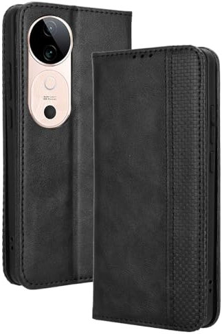 WBWONE Hülle für VIVO V40 5G, Premium TPU/PU Leder Klappbar Schutzhülle Tasche Handyhülle mit Standfunktion & Kartensteckplätzen, Schwarz