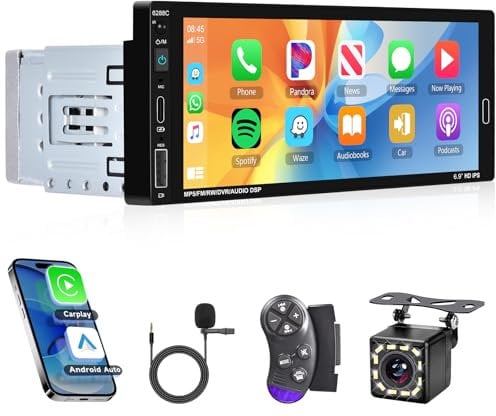 Hodozzy Single Din Car Stereo with Carplay & Android Auto, 6.86 Inch HD Touchscreen With Hands Free Bluetooth, Car Radio 1 Din Mirrrorlink, Voice Control, FM EQ SWC AUX/TF/USB + BackUp camera