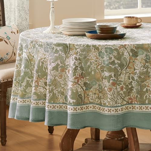 Softalker Tischdecke Abwaschbar Frühling Rund 80 cm Durchmesser Mitteldecke Grün Vintage-Blumen Tischdecke Leinen Tischtuch Wasserabweisend Kleine Deko für Ostern Outdoor Sommer Gartentisch