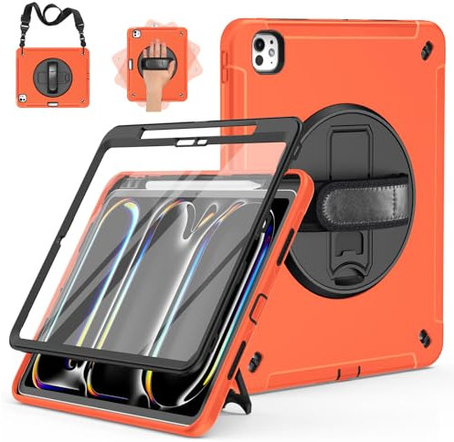 Miesherk Coque pour iPad Pro 13 2024(M4) 7ème Génération: Protection Intégrale à 3 Couches Qualité Militaire Case-Protection d'écran-Porte Crayon-Béquille Rotative-Dragonne/Épaule-Orange