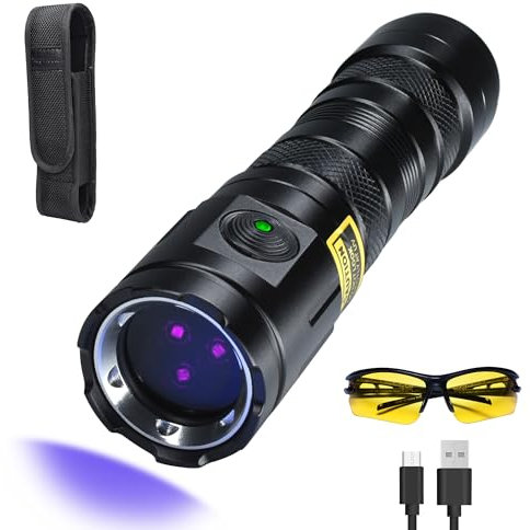 DARKDAWN UV Flashlight 365nm,USB Ultraviolet Rechargeable Light with Black Mirror, 3 LEDs Black Light Mini Woods Lamp,Long Lasting - Water Resis,Pet Urine Detector, Anti-counterfeiting Identification