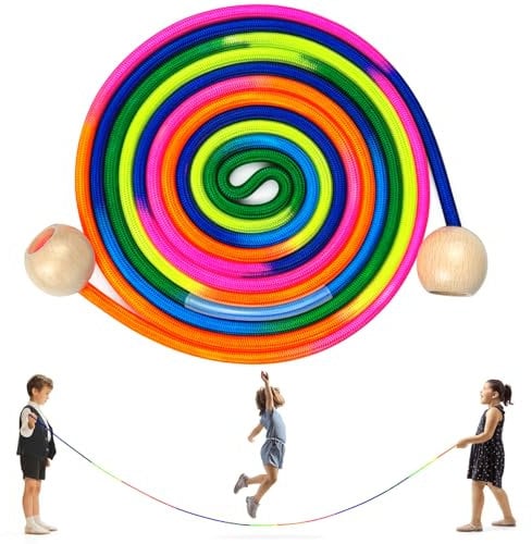 HOSHINO 16 FT Long Jump Rope for Kids, Adjustable Groups Rope Skipping with Wooden Handle, Multiplayer Rainbow Jumping Rope for Outdoor Fun, School Sport, Party Game (Wooden Round Handle, 1PCS)