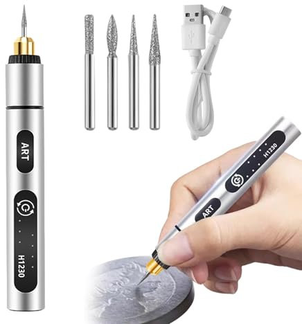 Electric Engraving Tool Kit, USB Cordless Rechargeable Engraving Pen With 4 Tungsten Carbide Tip, Mini DIY Rotary Engraver for Carving Leather Wood Metal Stone Plastic Jewelry Glass(Silver)