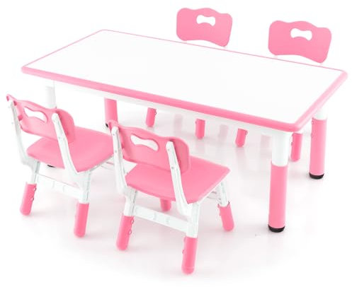 LIFEZEAL Kindertisch mit 4 Stühlen, Höhenverstellbare Kindertischgruppe, Plastik Kindermöbel für Kinder ab 18 Monate, Tisch Stuhl Set für Kindergarten, Kinderzimmer (Rosa)