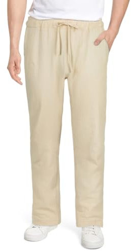 AUYAO Herren Baumwolle Elastische Sommerhose Lang Leichte Loosehosen mit Taschen Kordelzug für Urlaub Strand Yoga Gehen Alltag - Weißhose Khaki M~XL