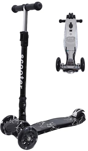 Habib Kinderroller ab 3 Jahre mit Metall-Trittbrett, LED-Räder, klappbar | Lenker 68/74/80/86 cm, Breite 26 cm, Trittbrett 56 x 23,5 cm, ABEC-7 Kugellager, bis 50 kg