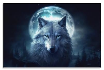 FeoYoed Wandkunst-Poster, Wolf, Mond in dunkler Nacht, moderne ästhetische Dekordrucke für Schlafzimmer, Wohnzimmer, Büro, mit hochwertiger, lichtbeständiger Leinwand, 30 x 45 cm