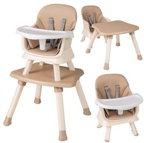 COSTWAY High Chairs for Babies and Toddlers, 6 in 1 Convertible Highchair/Table Chair Set/Building Block Table/Booster Seat/Toddler Chair with Safety Harness, Removable Tray (Khaki, 58x58x98cm)