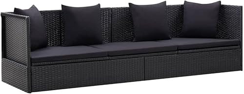Refined Garten-Sofabett mit Kissen Gartensofa Gartenliege Loungebett Gartenmöbel Outdoor Tagesbett Sofa Schlafsofa Garten Sofa Poly Rattan (Schwarz)