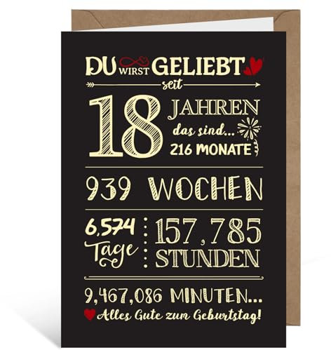 BETESSIN Geburtstagskarte 18. Geburtstag Junge & Mädchen - Kreative Glückwunschkarte mit Umschlag - Lustige Geschenke zum 18 Geburtstag Mädchen & Jungen (Schwarz)