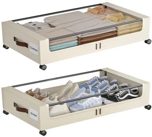 GoFujuco Under Bed Storage with Wheels,XXL 60L Under Bed Storage Containers with Clear Lids, Rolling Under Bed Metal Drawer for Clothes, Shoes,Toys (White, 2 Pack)