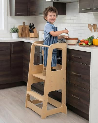 Xubby Lullza Lernturm höhenverstellbar aus Holz – Montessori Lernturm ab 1 Jahr, Tritthocker Kinder für Küche/Arbeitsplatte & Waschbecken, mitwachsend – Naturholz