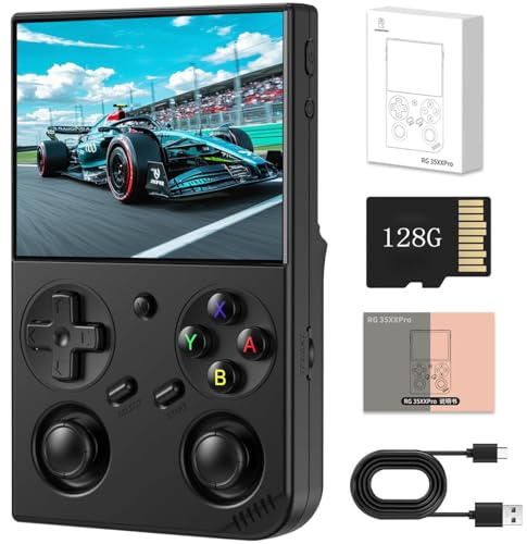 RG35XX Pro Retro Handheld Spielkonsole, 3,5 IPS Bildschirm Tragbare Video Spiel Konsole, gebaut in 64g+128g Karte & 8000 Spiele, Linux System Unterstützung WiFi Bluetooth (schwarz,128G)