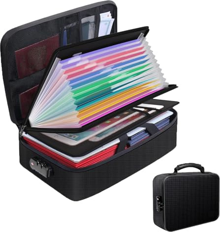 Fireproof Document Box with Lock, 14.2''×10.6''×4'' Waterproof Document Organiser with 13 Expanding Pockets & Labels, Portable File Storage Box for A4 Files,Certificates,Passports,Cash,Contract, Black