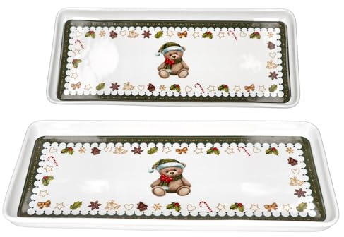 MamboCat Friend 2er Set Kuchenplatten rechteckig 35x15,5 cm | Weihnachts-Platten aus Porzellan mit Teddybär, Lebkuchenhaus & Co. | für Weihnachten, Nikolaus, Advent, Christmas