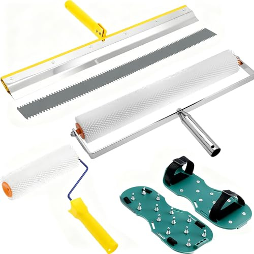 Posoto Self-Levelling Cement Tool Kit, Floor Construction Roller Spike Shoes, Epoxy Floor Paint Tool, Stainless Steel Scraper Self-Leveling Rake