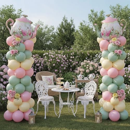 Kasyat 2 Set Pastel Tea Party Balloon Column Stand Kit with Adjustable Foil Balloon Arch Tea Party Decor for Spring Summer Wedding Baby Shower Teapot Birthday Decorations