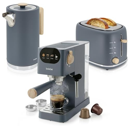 briebe Nordic Macchina Caffè Espresso 20 Bar per Capsule e Caffè Macinato + Bollitore Elettrico 1,7L Cordless, 2200 W + Tostapane a Fessura Larga a 2 Fette Set Colazione Design Nordique (Grigio)
