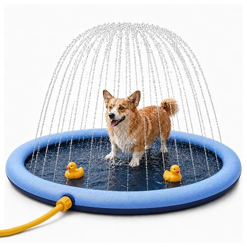 BESCH Piscina para Perros 100 cm, Splash Pad para Perros con Aspersor 360°, Alfombrilla de Agua Antideslizante de PVC, Conexión a Manguera, Plegable para Jardín, Patio y Juegos de Verano