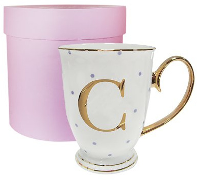 Bombay Duck 13 x 13 x 12 cm Letter C Alphabet Spotty Metallic Mug with Lilac Spots, White/Gold