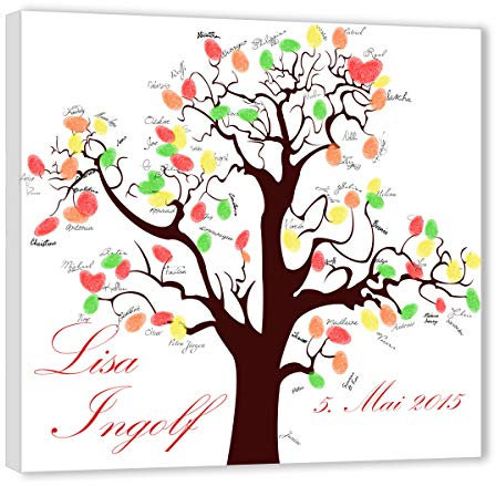 galleryy.net Wedding Tree Leinwand 60x60 mit NAMEN & DATUM - INKL Zubehör-Set (Stempelkissen+Stift+Anleitung+Hochzeitsbuch+...) - Herzchen Baum braun - Hochzeitsbaum Fingerabdruck