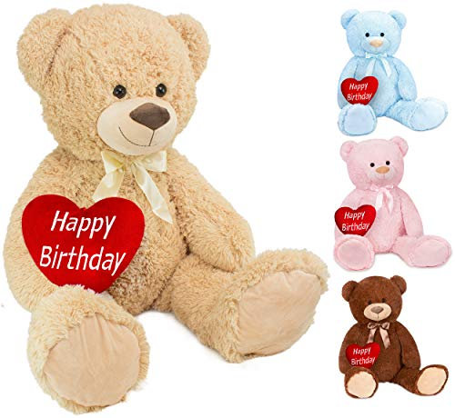 BRUBAKER XXL Teddybär 100 cm groß Beige mit einem Happy Birthday Herz Stofftier Plüschtier Kuscheltier