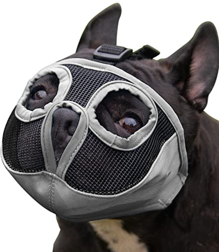 Maulkorb für Hunde mit kurzer Schnauze, verstellbar, atmungsaktiv, Netzgewebe, Beißen, Kauen, Bellen, Training, Hundemaske für kleine, mittelgroße und große Hunde, Grau, Größe S