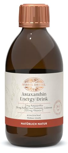 BÄRBEL DREXEL Astaxanthin Drink Himbeere/Limette mit 2 mg Astaxanthin aus der Haematococcus Pluvialis Alge + Vitamin C + Magnesium & Koffein aus Guarana (250ml) Natürlicher Energy Drink