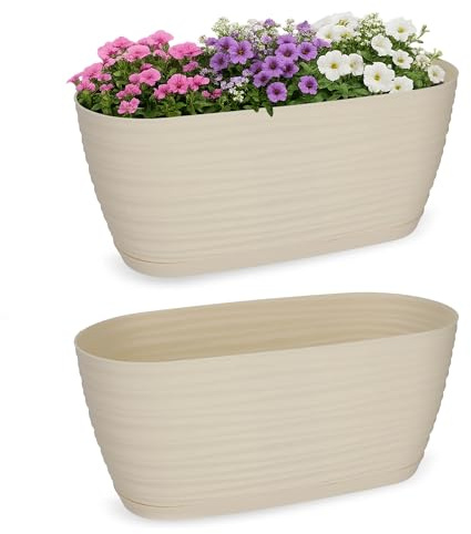 KADAX Blumentopf mit Untersetzer, Blumenkübel, Pflanzkübel für Innen, Leichter Pflanztopf aus Kunststoff, Übertopf für Blumen, Pflanzen, Haus, Zimmer, Pflanzgefäß (27cm, Creme)
