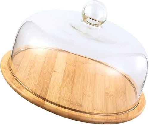 BESPORTBLE Glass Dome with Wooden Base Cake Stand Display Dome Cloche Clear Glass Bell Jar Cover Wood Cake Display Tray for Dessert Cheese Candy Plants Succulents (L)