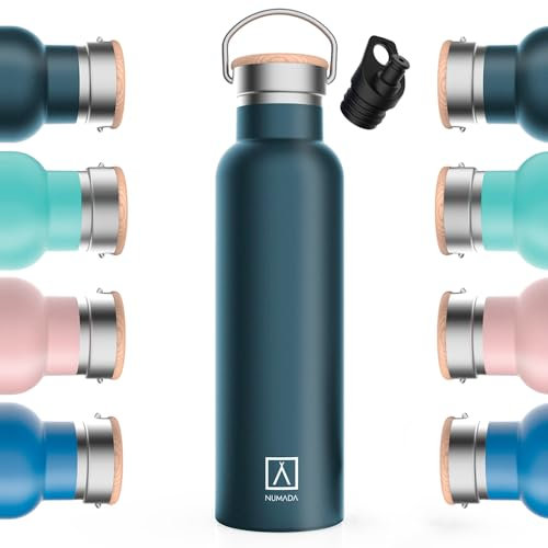 NUMADA-Botella Térmica Acero Inox 600ml Negro Estanca con Doble Pared al Vacío y Recubrimiento Cerámico. Mantiene Frío 24H y Calor 12H|Boca Ancha|Libre BPA|Incluye 2 Tapones (1 Sport)/Bolsa Transporte