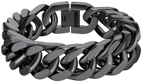 Richsteel 17mm breit 21cm lang Cuban Armband Hip pop Kubanische Armskette Schwarz Panzerarmband Punk Gliederarmband für Herren Männer
