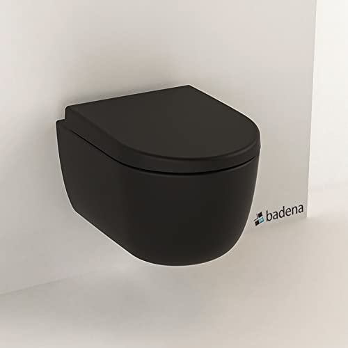 Hänge WC spülrandlos schwarz matt I Wand WC Tiefspüler hängend randlos I inkl. Schallschutz und abnehmbaren WC-Sitz mit Softclose Absenkautomatik I Spülrandlose Toilette wandhängend I 54,5x36x33cm