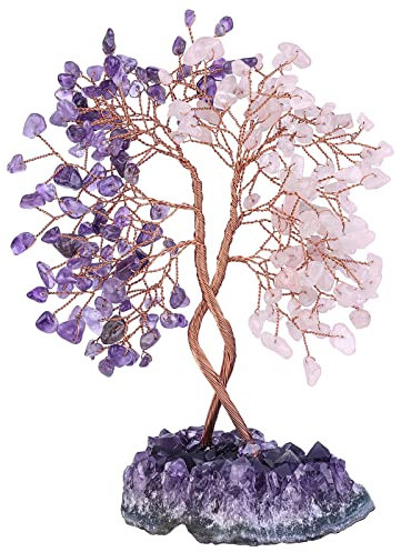 KYEYGWO Amethyst & Rosenquarz Heilung Kristall Geldbaum auf Natürlichen Amethyst Drusensegment Rohstück Basis, Feng Shui Bonsai Baum Deko Stein Glückbaum Liebe Edelsteinbaum Ornament