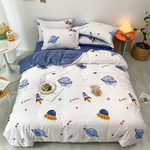 HAVOP 100% Cotton Duvet Cover Double Size Kids Boys Girls Cartoon Space Bedding Set Rocket Planet Stars Printed Quilt Cover Set White And Blue All Season Bedding Set, 200×200 cm