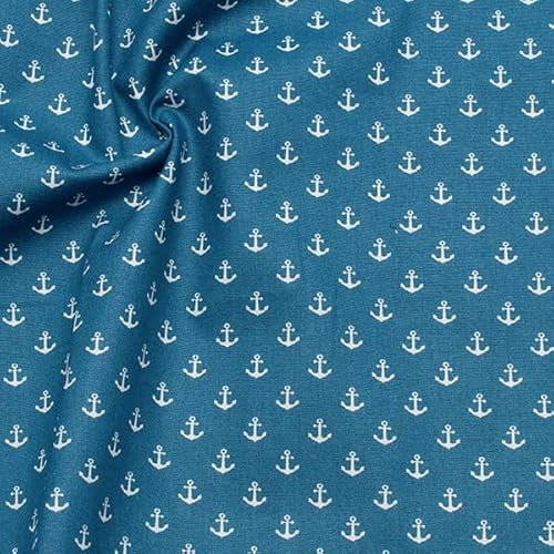 STOFFKONTOR 100% Baumwollstoff Stoff Anker klein - Meterware, Farbe Jeans-Blau - Öko-Tex Standard 100 - zum Nähen von Bekleidung, Vorhängen, Bettwäsche, Dekorationen UVM.