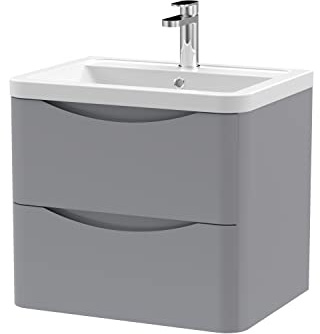 nuie LUN202A Lunar Modern Bathroom Wall Hung 2 Drawer Vanity Basin Unit & Ceramic Basin, 600mm, Satin Grey