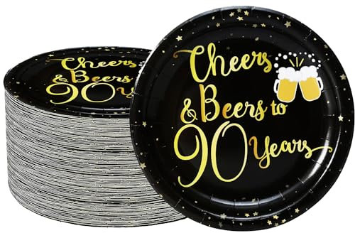 50Pcs 90th Birthday Party Supplies - 7 Dessert Plates, Cheers to 90 Years Cake Plate for Cheers & Beers Black Gold Theme Anniversary Whiskey Party Decoration