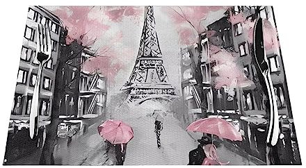 PVC-gewebte Mahlzeitmatte – hitzebeständig, rutschfest, leicht zu reinigen, Platzsets für Esstisch, Paris, Straße, Eiffelturm, Rosa, Blumendrucke, 6 Stück, 45,7 x 30,5 cm
