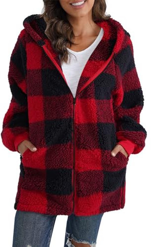 ABINGOO Veste Polaire Zippé pour Femme Chaude Sweats Manteau à Capuche Laine épais Blousons Fourrure Veste à Carreaux Grande Taille Cardigan Casual Mode Hiver Outerwear Ample(Rouge,XXL)