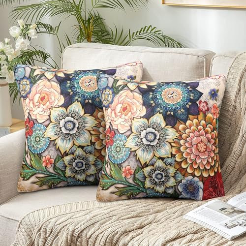 2er Set Boho Vintage Kissenbezug 40 x 40 Orientalische Ethnic Kissenbezüge Deko Indische Hippie Böhmischen Mandala Blume Kissenhülle Leinen Landhausstil Zierkissenbezüge Dekor für Sofa