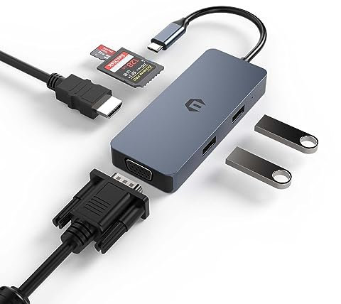 Tiergrade USB C Hub Multiport Adapter with 4K HDMI, VGA, 3 USB 2.0 Ports, Type C Hub with SD TF Card Reader for MacBook Pro Dell HP Lenovo Chromebook