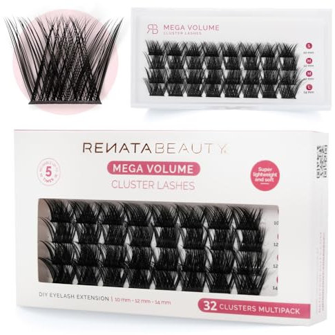 Renata Beauty Mega Volume Cluster Wimpern - 32 Stück Multipack, Verschiedene Längen (10-14mm), Kräftige C-Krümmung, Dramatischer Effekt, Einfache Anwendung, Wiederverwendbar, Ideal Voluminöse Looks