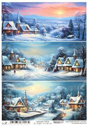 Josys Bastelmärchen Reispapier A4 Strohseide Motiv Weihnachten Winterlandschaft Dorf Abend RE6017