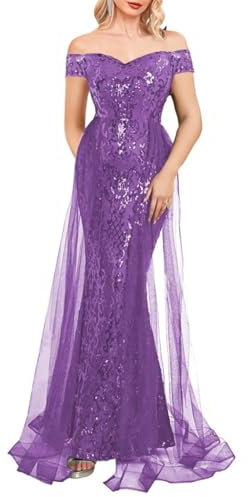 KURFACE Robes de bal à paillettes à épaules dénudées avec cape en tulle robe de bal sirène robe formelle robes de soirée WSX464, violet, 54 plus