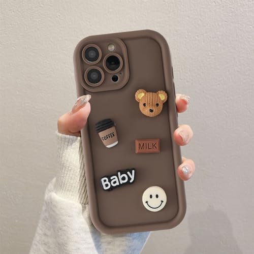 Coalbooliy Handyhülle für iPhone 15 Pro hülle 6,1'', Aesthetic 3D Teddybär Muster Design Kaffeefarbe Weiche TPU Silikon Stoßfest Kameraschutz Schutzhülle Bumper Ultra Dünn Mädchen Case, 01