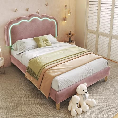 MQGPM Lit capitonné, pour enfant, 90 x 190 cm, avec LED et tête de lit réglable, avec sommier à lattes, rembourré en velours, rose