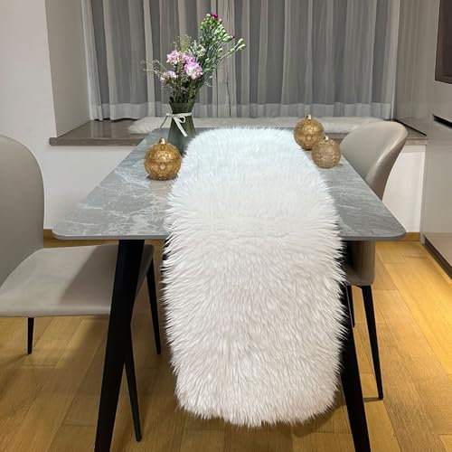 Kunstfell Tischläufer Fell Tischläufer Weihnachten Weiß Modern Deko Oster Tischläufer Perfekt für Weihnachten ,Hochzeit Home Esstisch, Schminktisch, Couchtisch (30cm x 120cm)